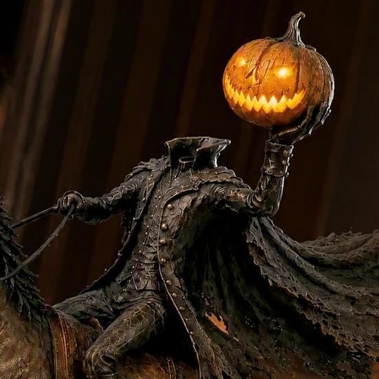 Estatua del Jinete sin Cabeza de Halloween con Luz de Calabaza LED, Decoración de Fantasma Iluminada de Resina, Figura de Caballero, Escultura de Terror para Decoración de Mesa del Hogar