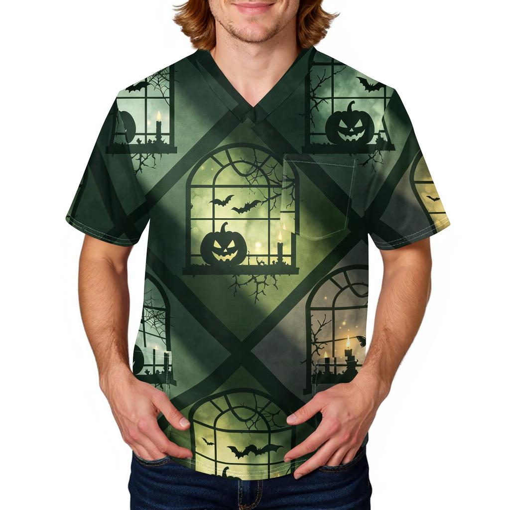 Men's Halloween Print Medical Scrub Top V Neck Tie Pocket Comfortable Fit Daily Workwear for Healthcare Professionals