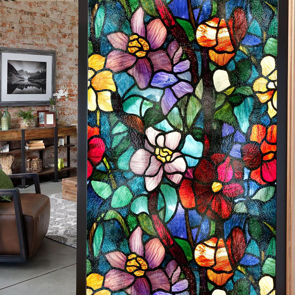 Double-sided Colored Window Privacy Film, Stained Glass Decorative Static Cling, Removable Laser Sun Blocking Vinyl Covering