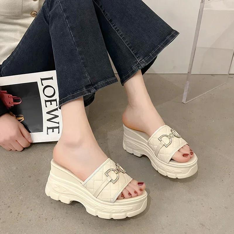 Chain Wedges Slippers Women High Heels Platform Shoes Summer Luxury Open Toe Flip Flops Beach Sandals Pumps Mujer Slides