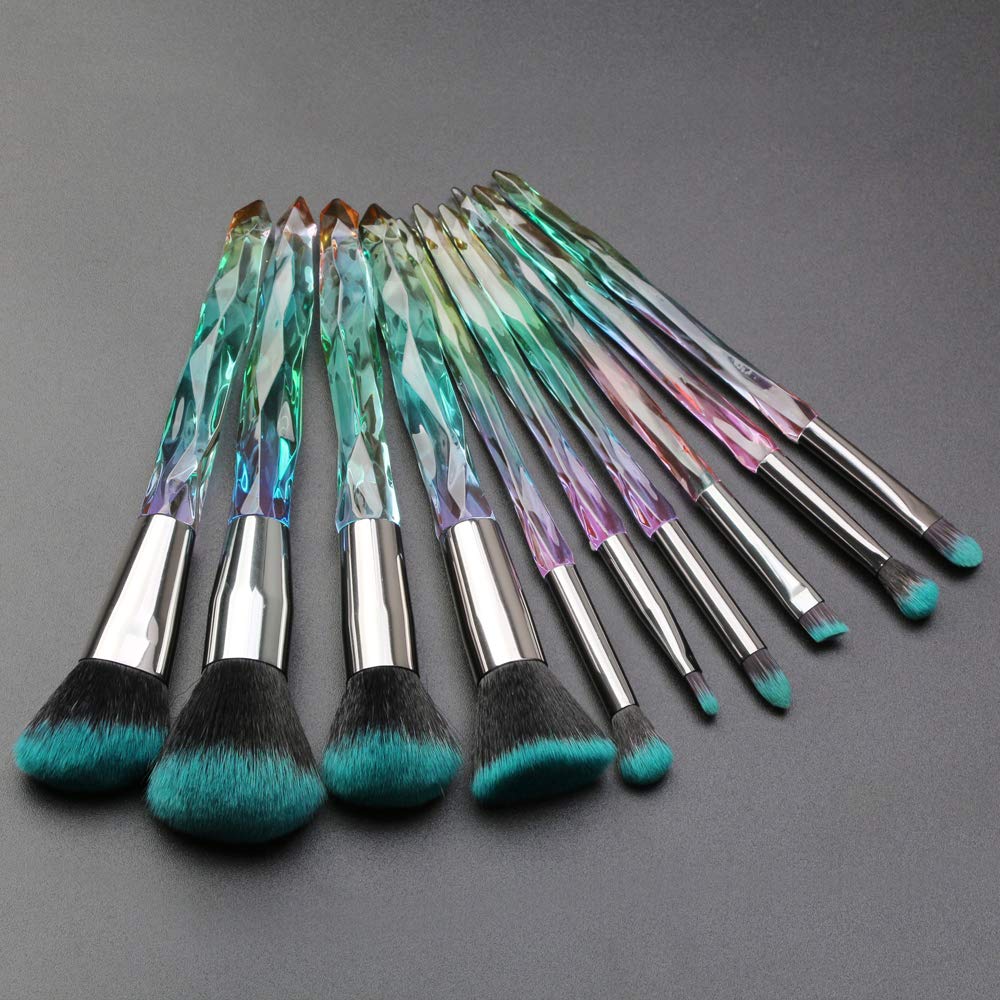 

10pcs/Set Makeup Brushes Crystal Handle Set Crystal Transparent Handle Kabuki Powder Foundation Brush Concealer Eye Shadow Eyeliner Eyebrow Brush зелёный