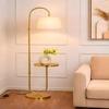 Table Shelf LED Floor Lamp Standing Brass Gold Finish 5ft Height with Shelf Home Decoration, Living Room and Beige Lampshade