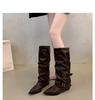 Pleated Retro Western Boots Women's New Fashion Casual Thick Heel Medium Boots Women's Knee Knight Boots
