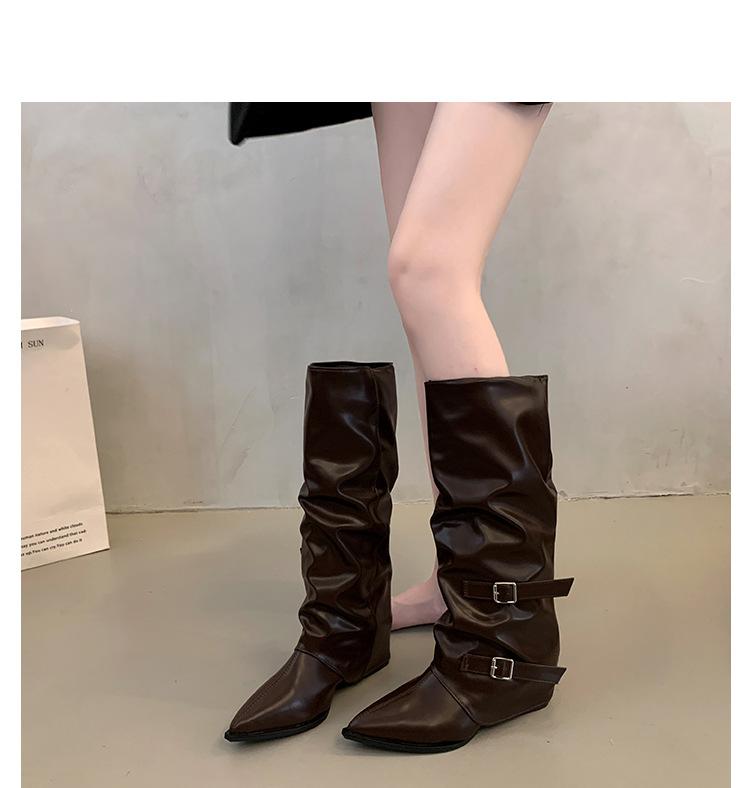 Pleated Retro Western Boots Women's New Fashion Casual Thick Heel Medium Boots Women's Knee Knight Boots