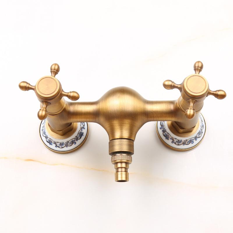 Antique Brass Wall Mounted Washing Machine Faucets Double Handles 2 Holes Cold and Hot Water Mixer Tap Bibcock