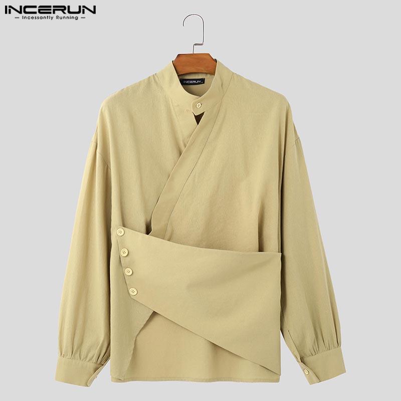 INCERUN Men Long Sleeve Front Cross Casual Irregular Tops Shirts