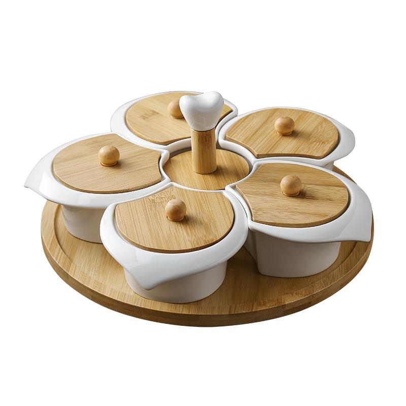 White Ceramic with Turntable Five Grid Fruit Plate with Wooden Lid Rotatable Snack Platter Dessert Snack Tray Fruit Plate Set