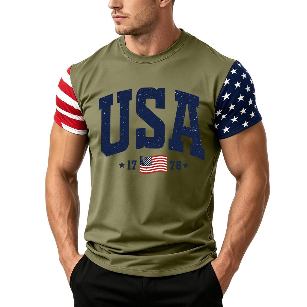 Men's Independence Day Flag Print Short Sleeve T-Shirt, Loose Casual Daily Summer Tops