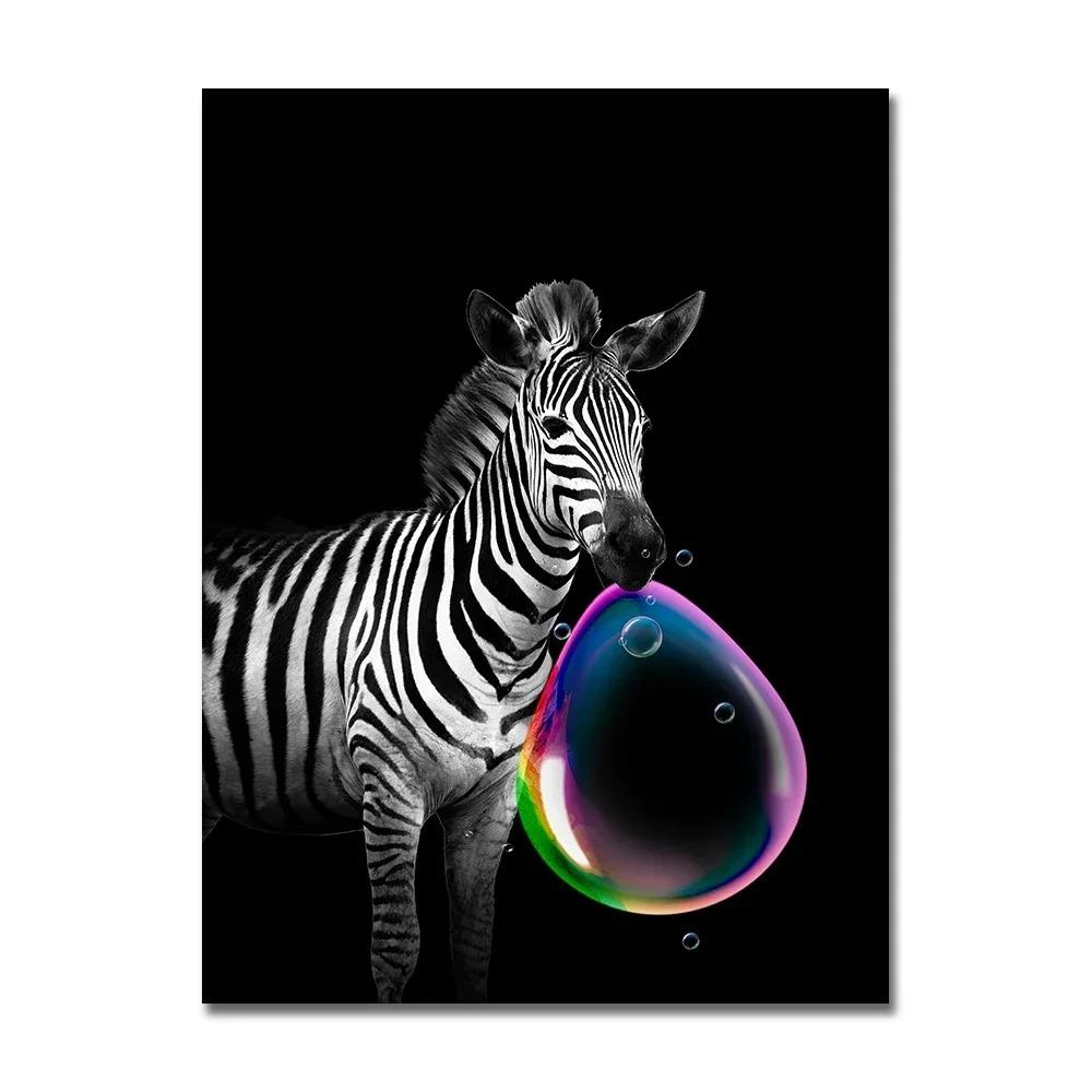 Black Cat with Colorful Bubbles Poster Cute Animal Giraffe Elephant Lion Posters and Prints Wall Arts Canvas Painting Home Decor