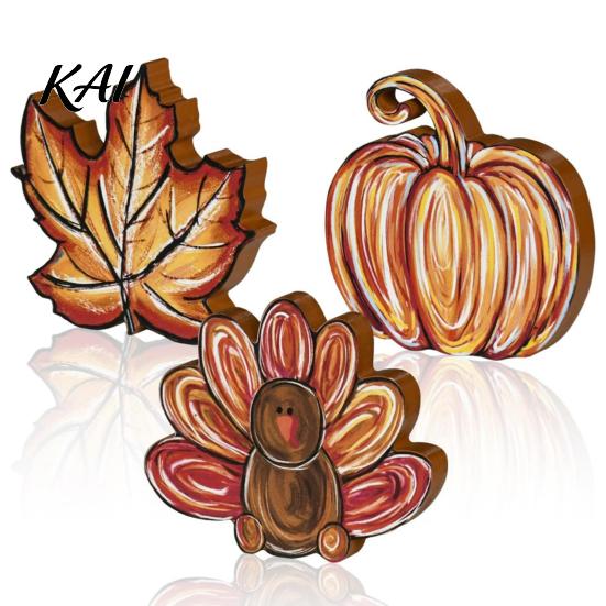 Thanksgiving Party Decor Accessories 3Pcs Wooden Block Signs, Fall Pumpkin Turkey Maple Leaf Tabletop Seasonal Wood Cutouts for Decor, Farmhouse