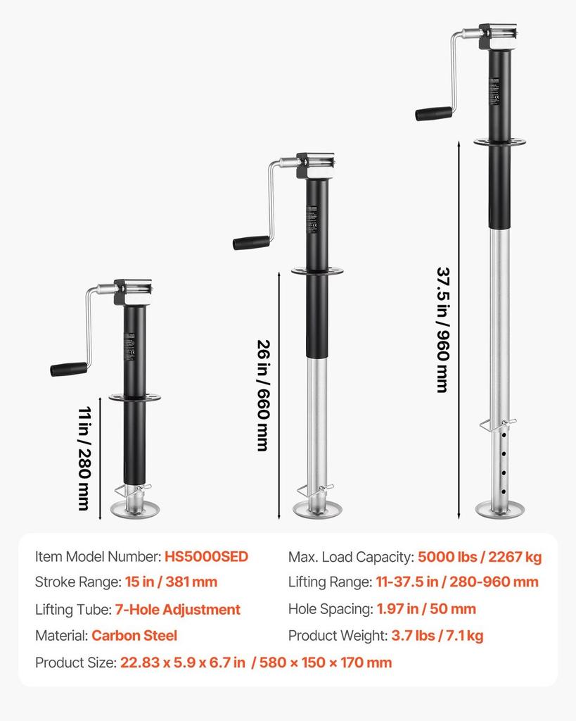 2267 kg A-Frame Trailer Jack, 381 mm Vertical Travel, Trailer Lift Jack with Adjustable 7-Level Drop Leg & Drill Socket, Cordless Drill Compatible,