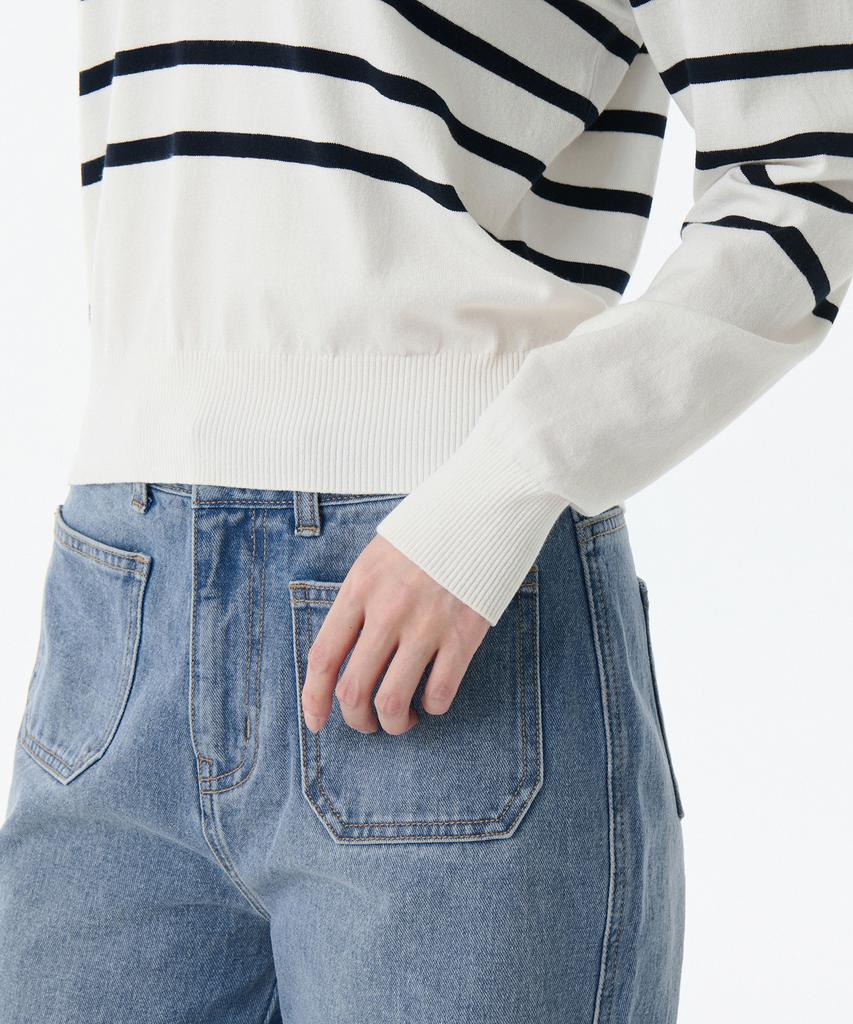 MUSINSA STANDARD WOMAN Women'S Striped Slit Neck Long Sleeve Knitted Polo Shirt [Ivory/Navy]