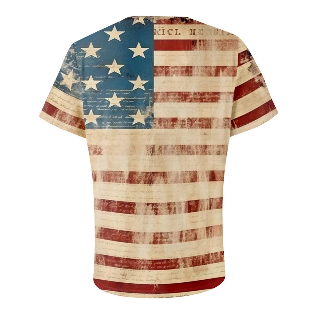 Men's Casual Summer V-neck Short Sleeved Top With Buttons, Independent Day Print Short Sleeved Top