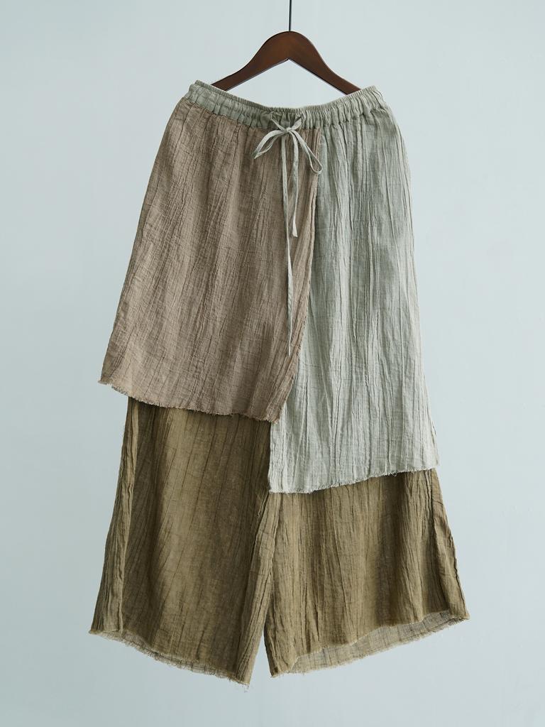 Johnature Women Vintage Patchwork Wide Leg Pants Elastic Waist Trousers Summer Loose Ankle Length Pants