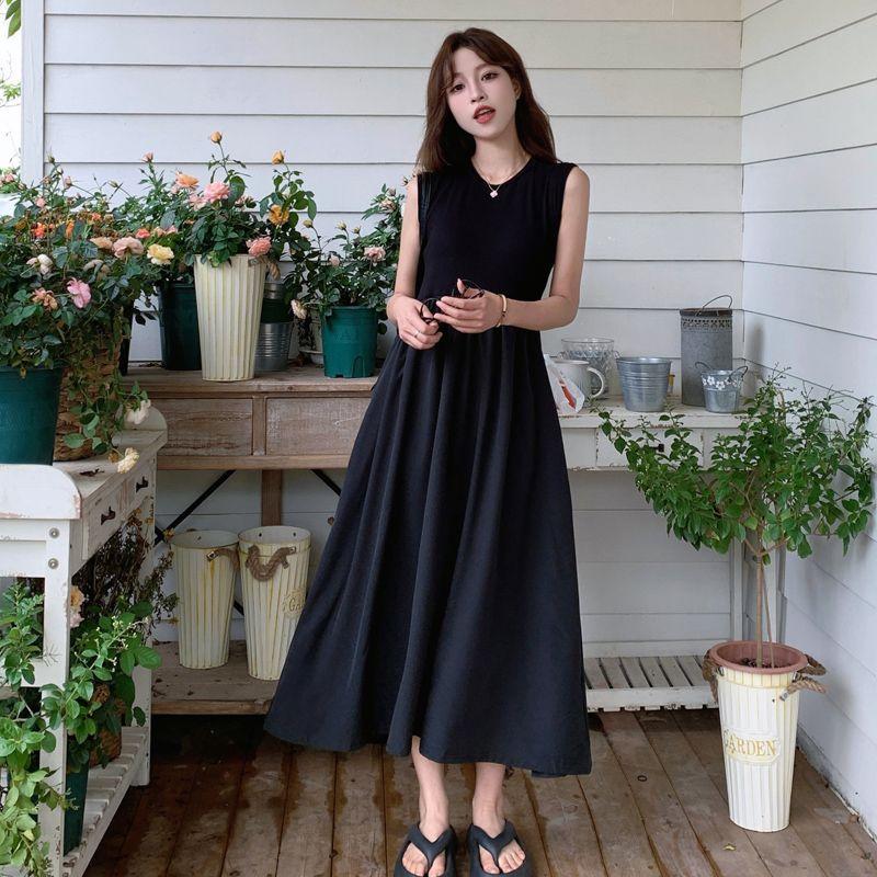 Black Round Neck Sleeveless French Retro Super Fairy Knee Dress Women's Spring Design Halter Long Skirt Women's Clothing