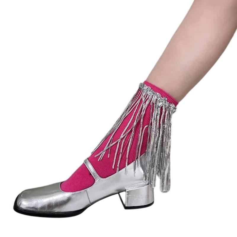 Womens Harajuku Sequins Tassels Decorative Trim Calf Sock 90s Solid Rib Middle Tube Sock Nightclub Party Stockings
