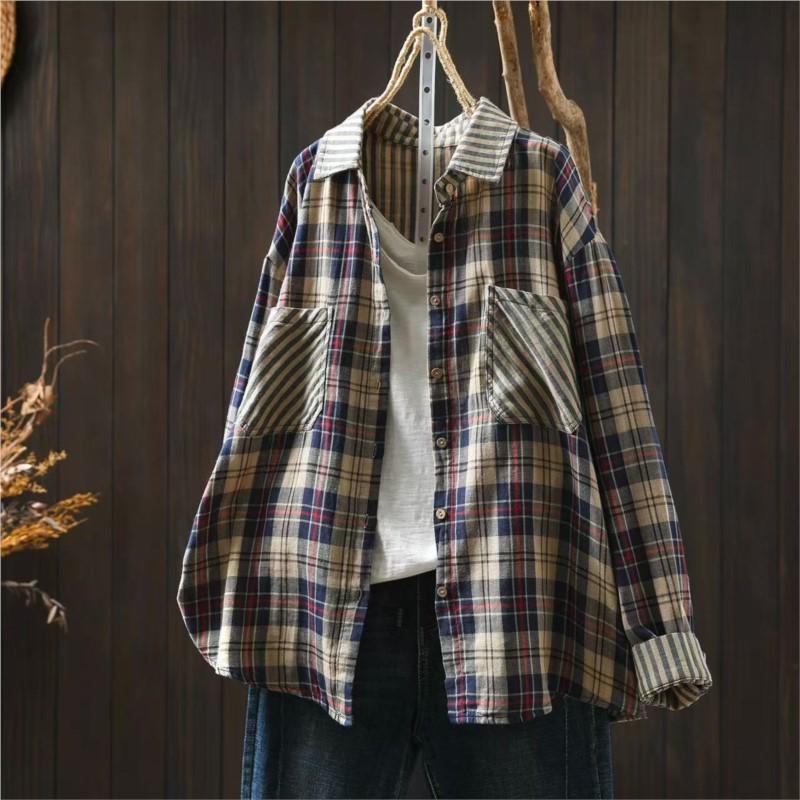 Johnature Women Vintage Plaid Shirts Patchwork Color Turn-down Collar Long Sleeve Button Pockets Blouses Spring Autumn Shirts