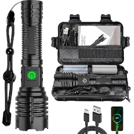 Flashlights High Lumens Rechargeable (Battery Included), 100000 Lumens XHP70.2 Super Bright LED Flashlight with Holster, Type-C, 5 Modes, Zoomable,