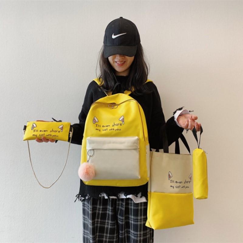 4pcs Student Backpack Fashion Trend Four Piece Set Solid Color Backpack Large Capacity Canvas Wear-resistant Breathable Women's Backpack Travel Bag
