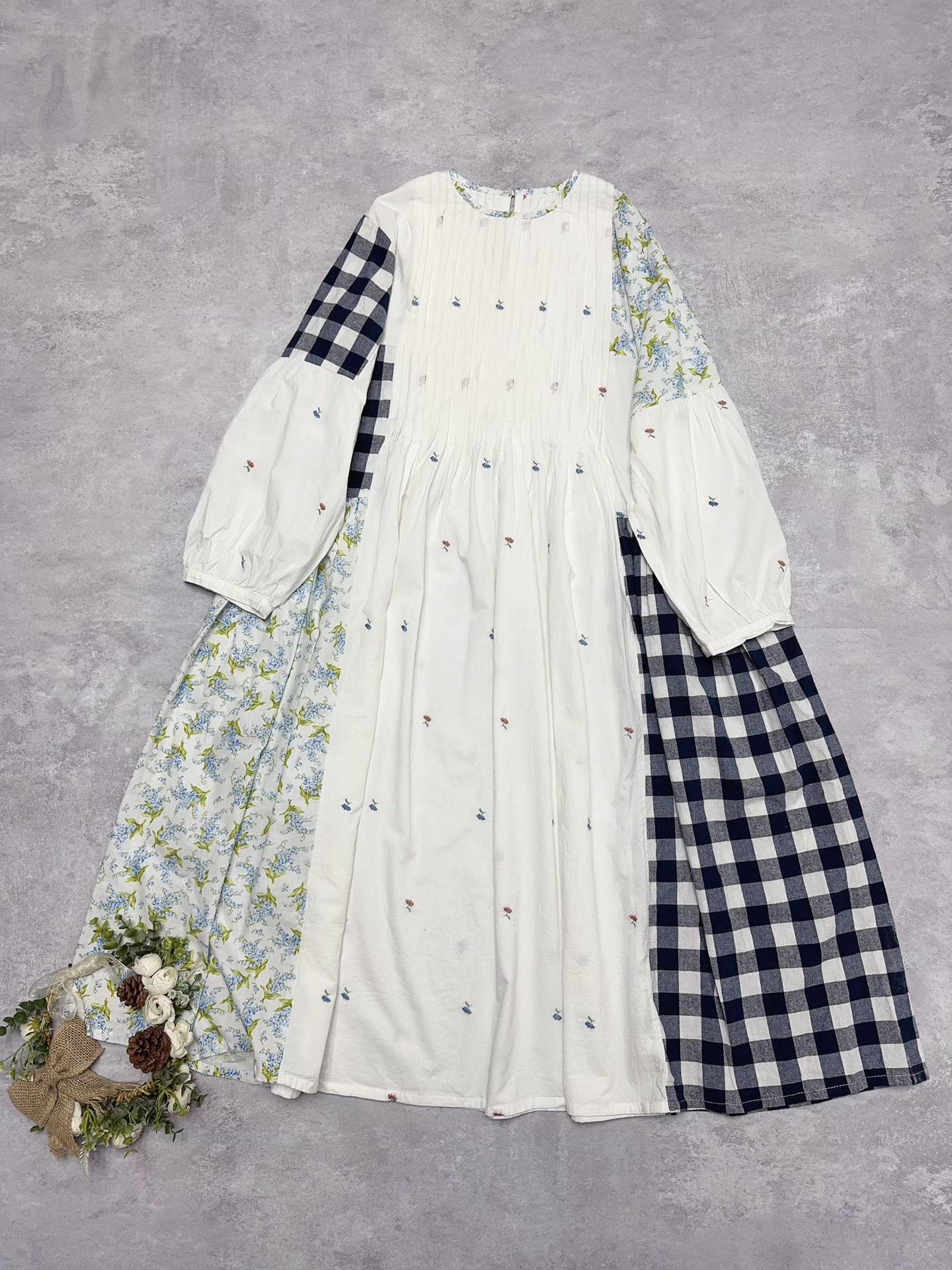 

Johnature Японское Лоскутное Клетчатое Цветочное Плиссированное Свободное Платье Весна Лето О-образный вырез Повседневный Принт Женские Платья One Size белый