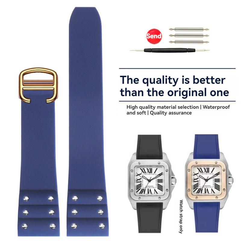 Hochwertiges Gummi-Uhrenarmband für Cartier Santos Armband Santos 100 Serie Schwarz Blau Wasserdichtes Armband Faltschließe Gürtel 21mm