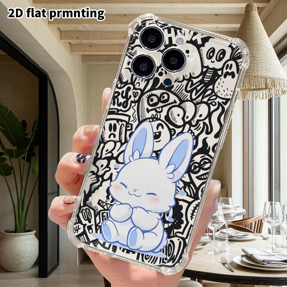 Phone Case: 2D Flat Suitable for iPhone 18 17 16 15 14 13 Pro, Transparent Four Corner Protective Case, Blue Eared Little White Rabbit, Christmas and 