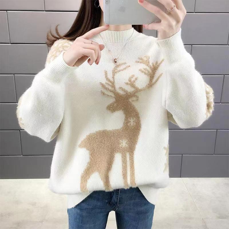 Women Loose Round Neck Pullover Knit Sweater With Deer Jacquard XS