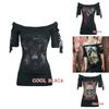 Stylish Women's Fashion Skull Printed Cool Black T-shirt Plus Size Slash Slit Tops
