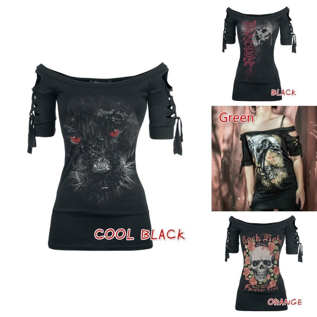 Stylish Women's Fashion Skull Printed Cool Black T-shirt Plus Size Slash Slit Tops