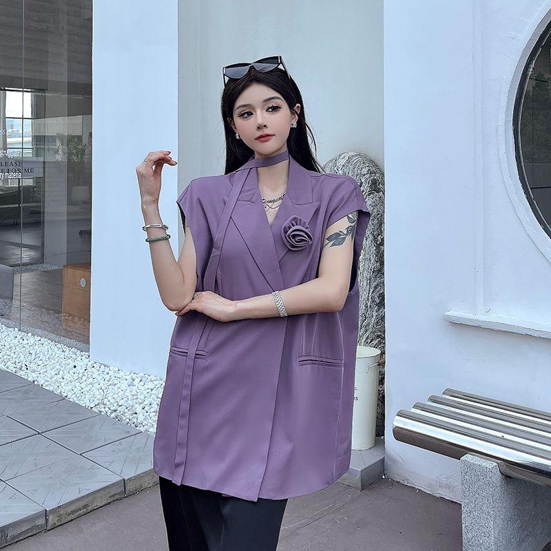 Popular Casual Design Purple Sleeveless Blazer Vest for Women Summer Loose Commute Layered Outerwear Top
