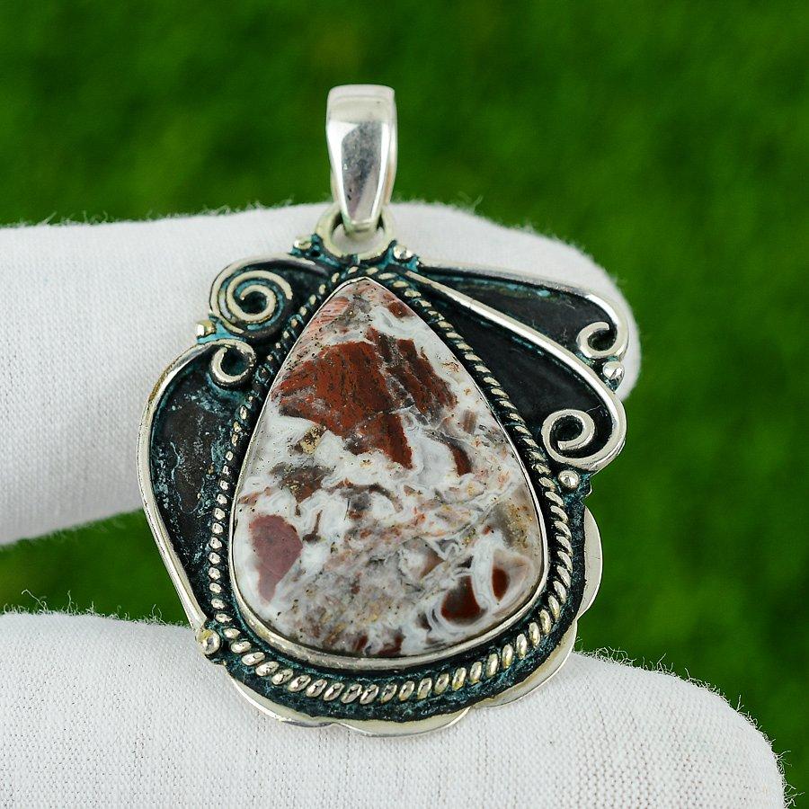 Natural Mexican Laguna Lace Agate Gemstone 925 Sterling Silver Pendant For Women