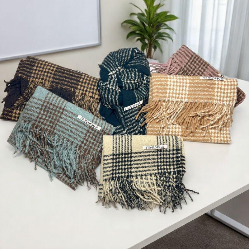 Blue Plaid Tassel Scarf: Versatile Warm Neck Warmer for Women & Couples - Autumn/Winter 2025