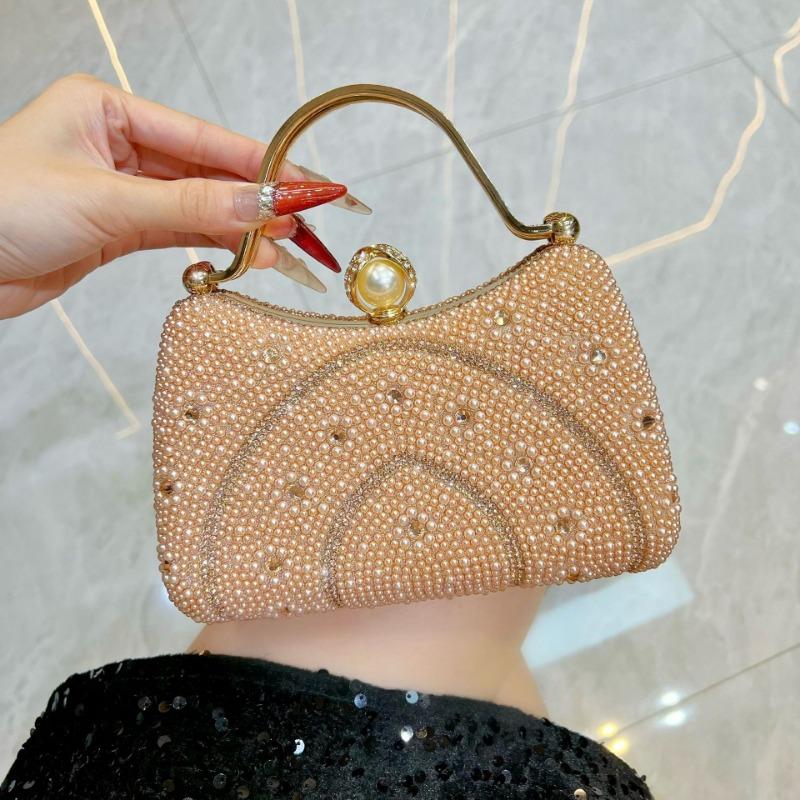 Evening Dress Bag with Pearl and Diamond Inlay, Small Chloé Fashion Handbag, Women's Chain Crossbody Bag