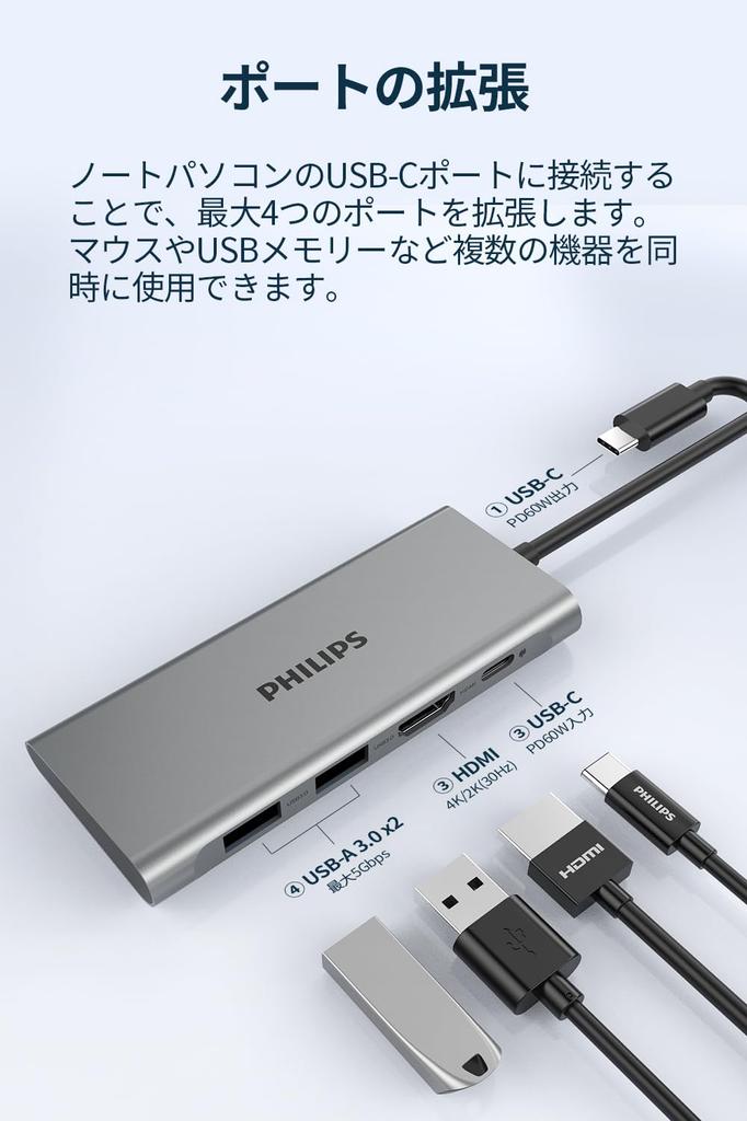 Philips USB Hub PD 60W Fast Charging Up To 5Gbps High Speed Data Transfer 4K 30Hz Resolution Ports DLK5524C 4-in-1 USB-C/USB-A3.0/HDMI