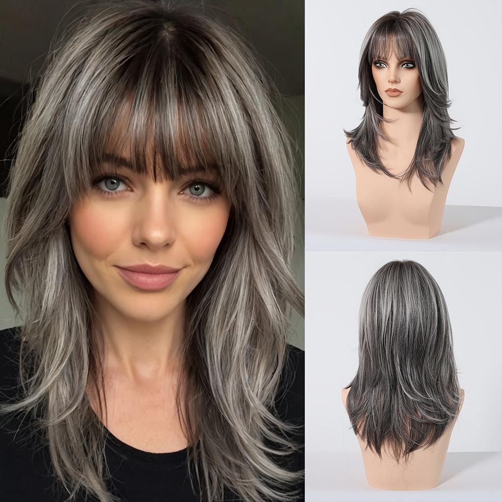 Mixed Black Grey Layered Synthetic Natural Wig Medium Length Wave Wig with Bangs for Women Daily Party Hair Heat Resistant Fibre