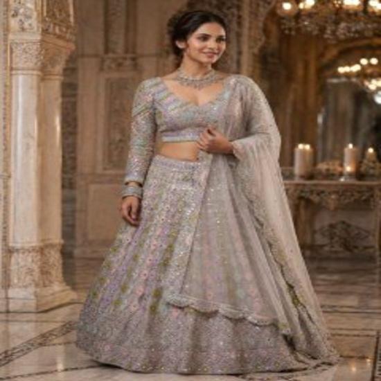 Pastel Multicolored Mirror-Work Lehenga Set FREE SIZE