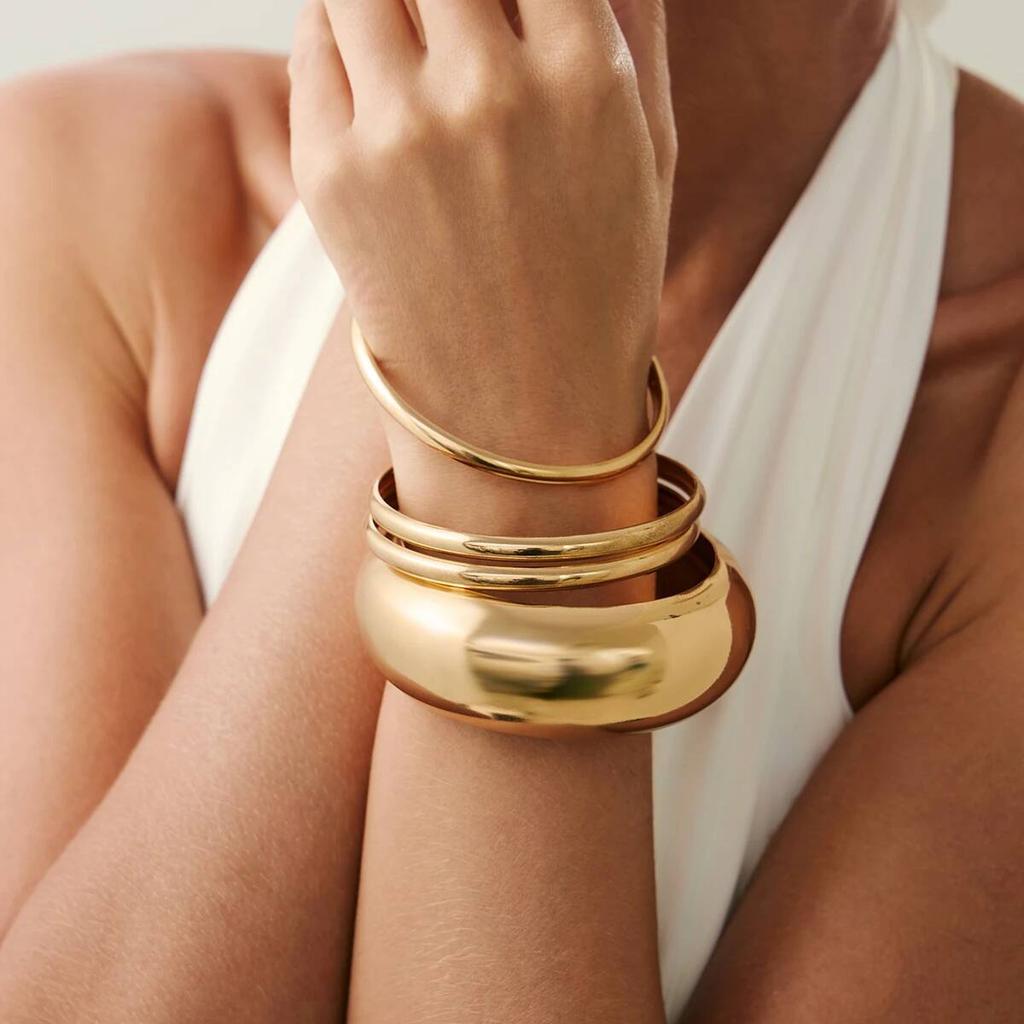 Ingemark Punk Glossy Metal Round Chunky Bangles for Women New Trend Hip Hop Gold Color Geometric Bracelet Set Grunge Jewelry Men