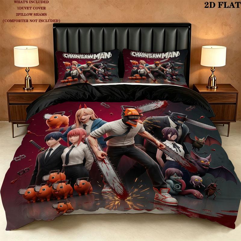 Set Copripiumino Trapuntato con Fantasia Chainsaw Man Federe Regalo di Compleanno per la Casa(1 * copripiumino + 2 * federa, senza nucleo)