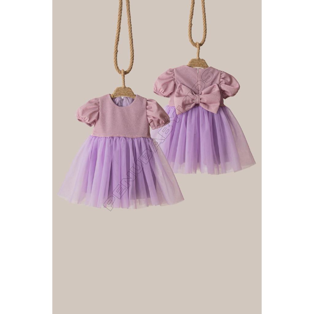 Rosa kurze Ballon-Stoffärmel, detailliertes Tutu-Tutu-Kleid für Babymädchen