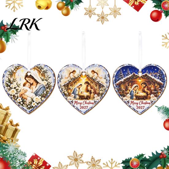 Christmas Fireplace Decorative Accents Wooden Nativity Hanging Ornament for Tree Decorations, Retro Religious Heart Shaped Pendants Scene Garland