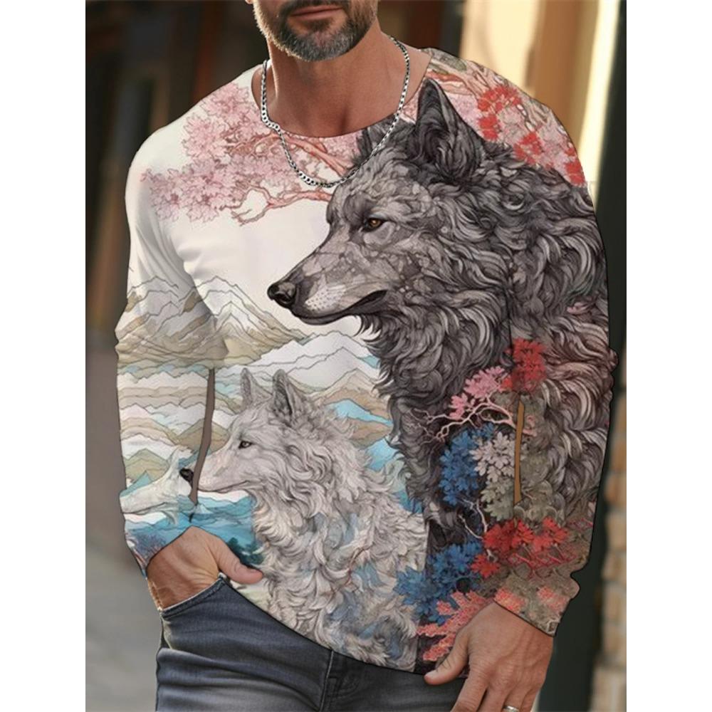 Spring and Autumn Round Neck Wolf Pattern 3D Ukiyoe Printed Top Fashionable Casual Long Sleeved Men's T-shirts