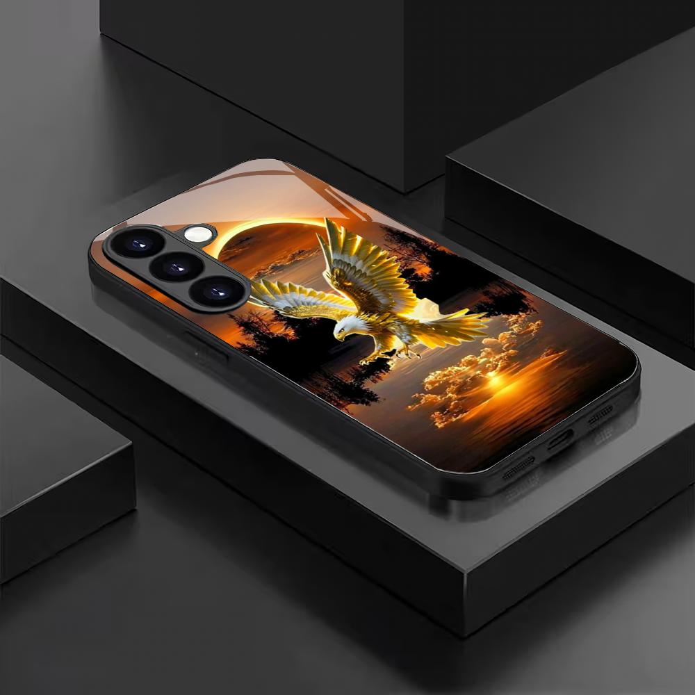 Eagle Flying Design Tempered Glass Phone Case Suitable for Samsung Galaxy S26 S25 S24 S22 S21 S20FE/Ultra/Plus Scratch Resistant