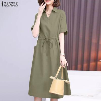 Women Casual Turn Down Collar Loose Short Sleeve Drawstring Dress