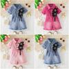 Girls Denim Jumpsuit Short Sleeve Turn-down Collar Waist Cinch Pearl Flower Decoration Girls Overalls