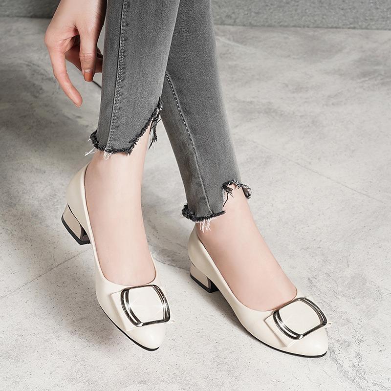 Retro fashion thick heel single shoes women's spring light mouth low heel soft sole versatile solid color leather shoes soft leather