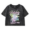 Spent Holiday Coconut Treeprint Women Washed Short Clothing Breathable Summer T-Shirt Street Distress O-Neck Tee Shirts