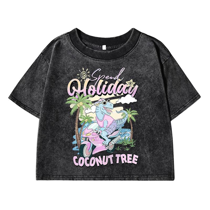 Spent Holiday Coconut Treeprint Women Washed Short Clothing Breathable Summer T-Shirt Street Distress O-Neck Tee Shirts