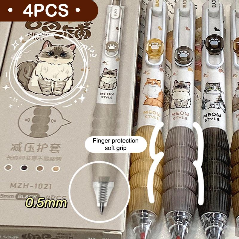 4Pcs Cute Cat Gel Pens Kawaii Meow Style Retractable Pens With Comfort Grip Black Ink Writing Pens For Students & Stationery