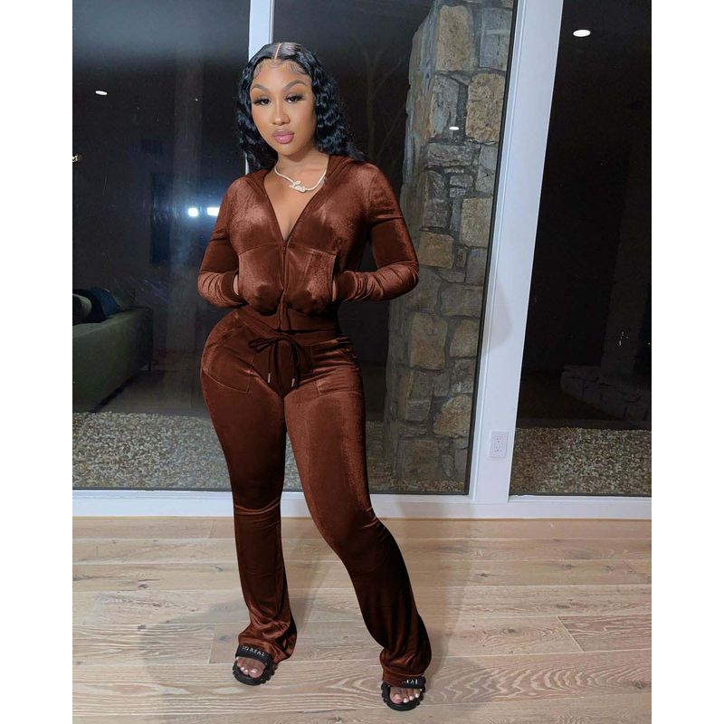 

Осень Зима Толстовка с капюшоном из золотого бархата с карманами на молнии, с короткими и длинными рукавами, брюки с широкими штанинами, повседневный спортивный костюм-двойка для женщин Brown XXL