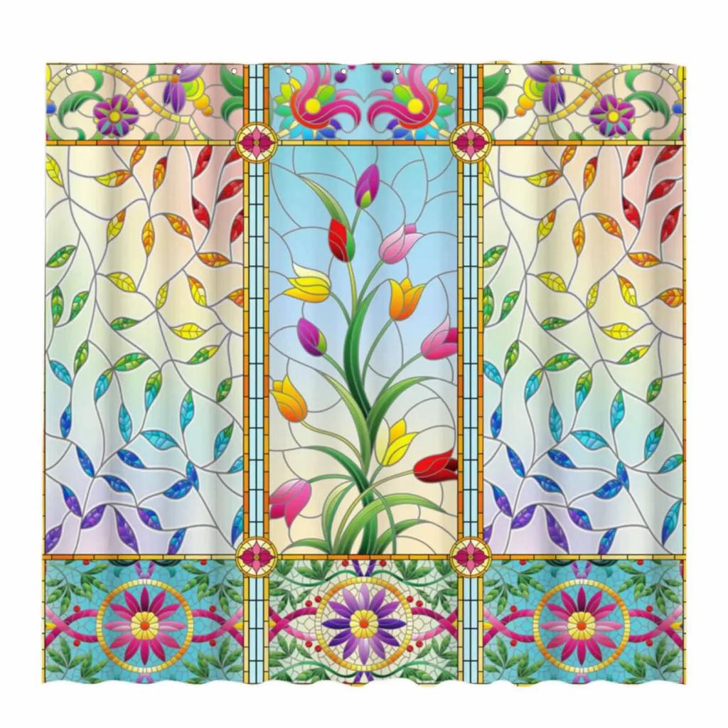 Waterproof Bath Shower Curtain Stained Glass Meadow Flower Dragonfly Polyester Fabric Bathtub Curtain Home El Bathroom Bath Shower Curtain